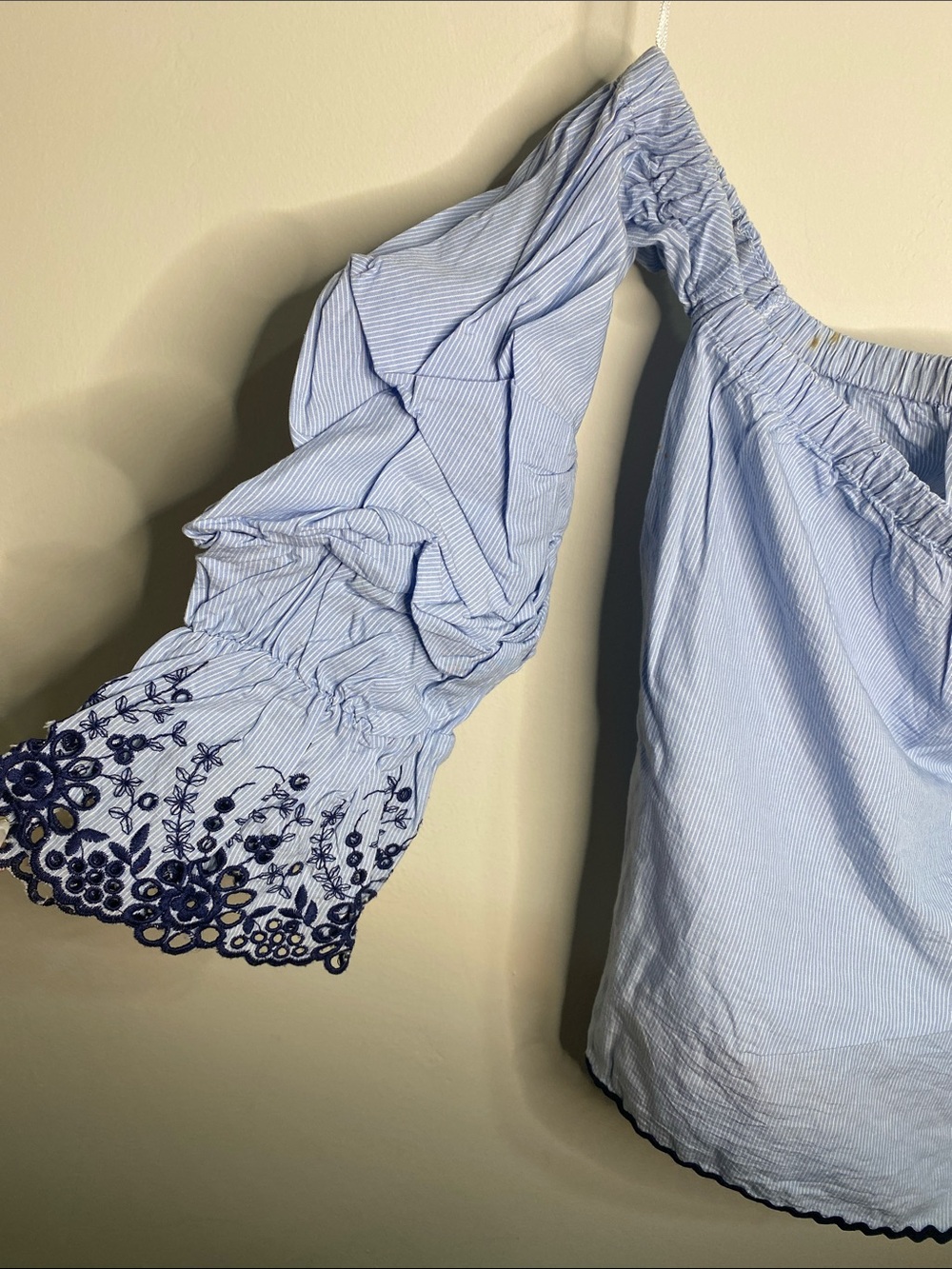 Zara Light Blue Off-Shoulder Top with Navy Embroidery - Picture 4 of 7